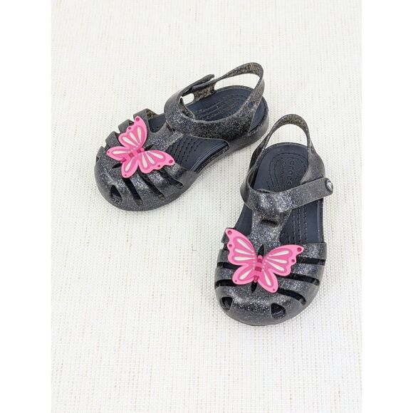 Crocs Sandals Toddler Girl C 6 Black Glitter Pink Butterfly Mary Jane - Picture 5 of 15